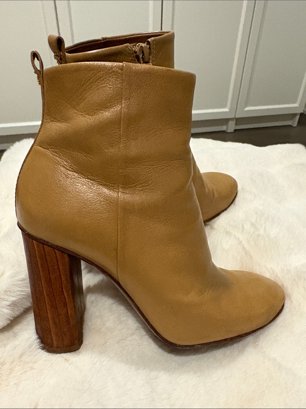 Tory Burch Camel Leather Block Heel Ankle Boots